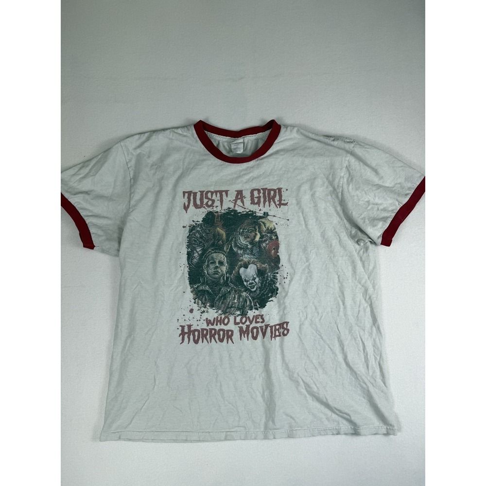 Just A Girl Who Loves Horror Movies Ringer T-Shirt XL White Red Halloween Tee
